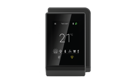 Distech Unitouch Bluetooth Low Energy communicating room device with room temperature sensor, LCD touchscreen display, Bluetooth mobile connectivity and a black enclosure. For use with ECY series controllers only.